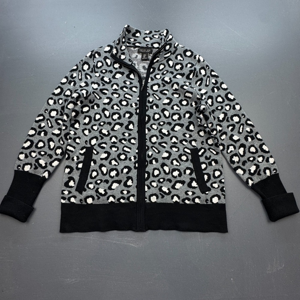 Rachel Zoe Womens Size Medium Leopard Print Full Zip Knit Jacket Sweater Outdoor